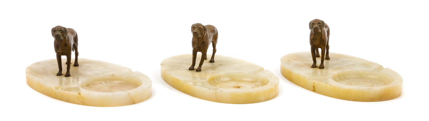Three Bronze and Marble Mastiff Ash Receivers Width 9 3/4 inches.
