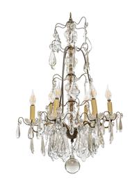 A Continental Cast Metal and Cut Glass Six-Light Chandelier