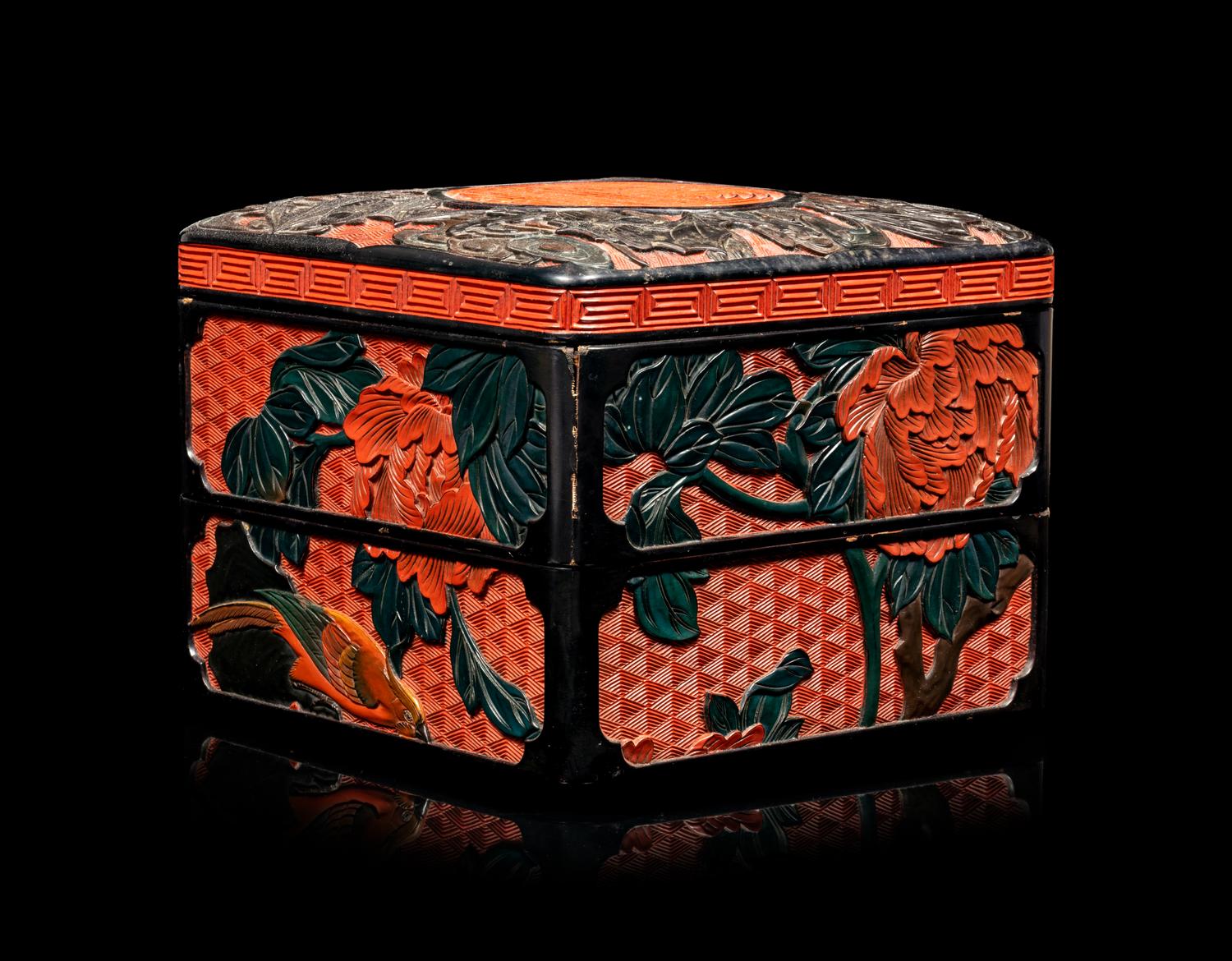 A Chinese Carved Lacquer Square Box and Cover