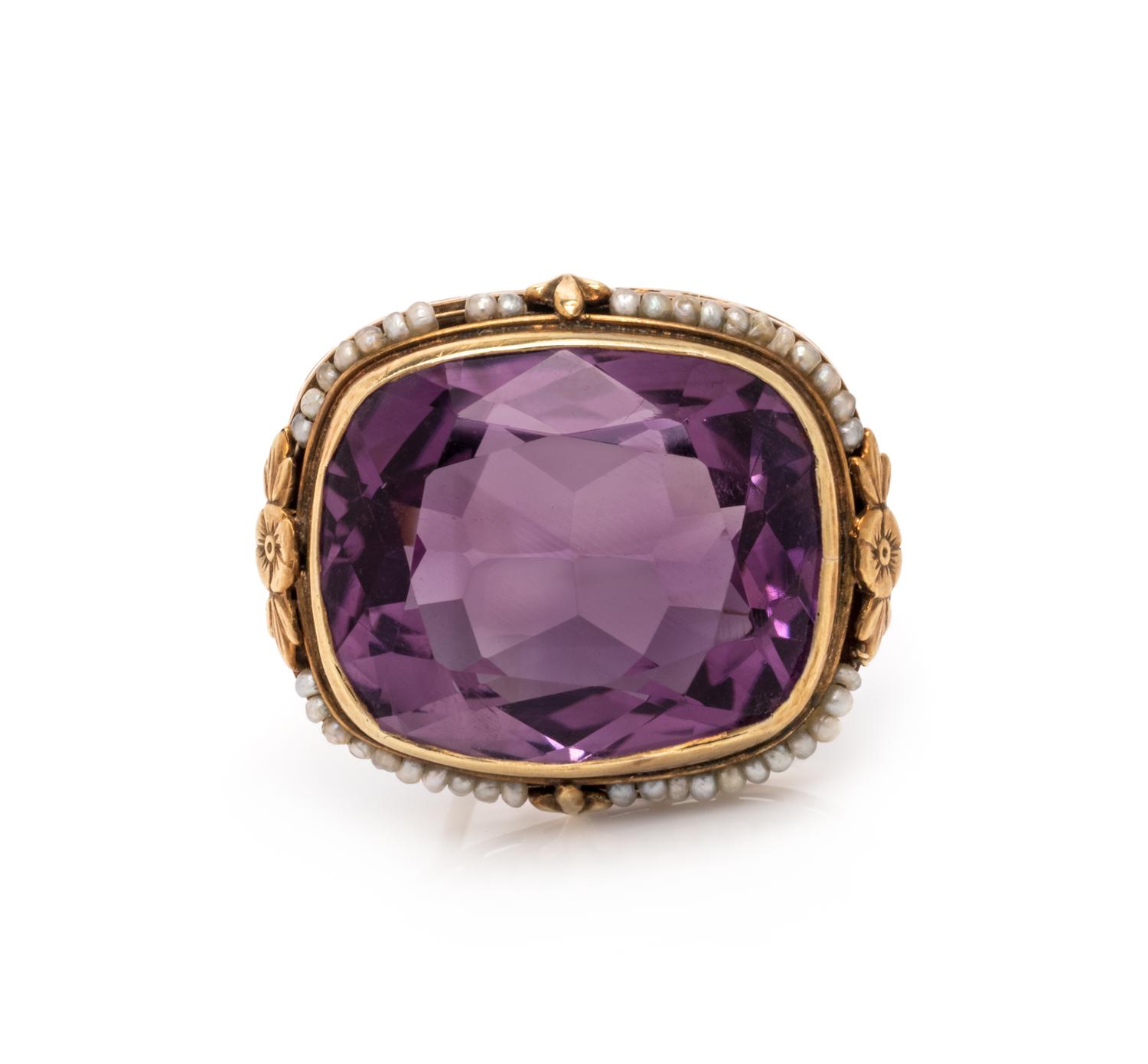ANTIQUE, AMETHYST AND SEED PEARL BROOCH