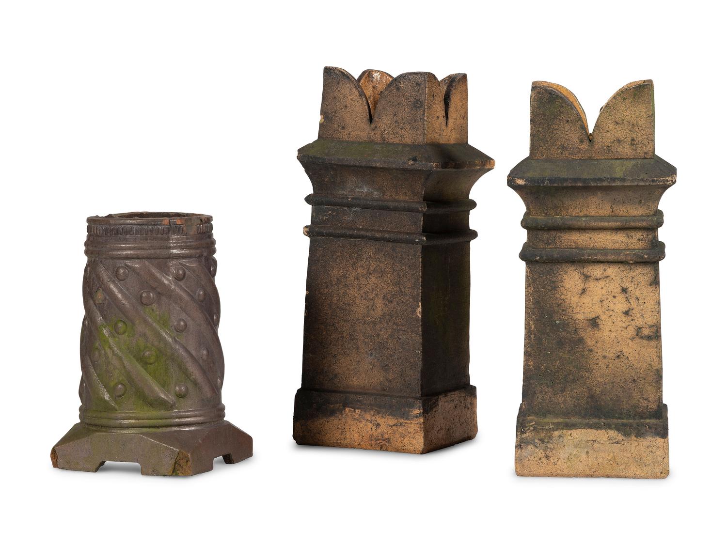 Three Glazed Sewer Tile Chimney Top Planters or Garden Ornaments