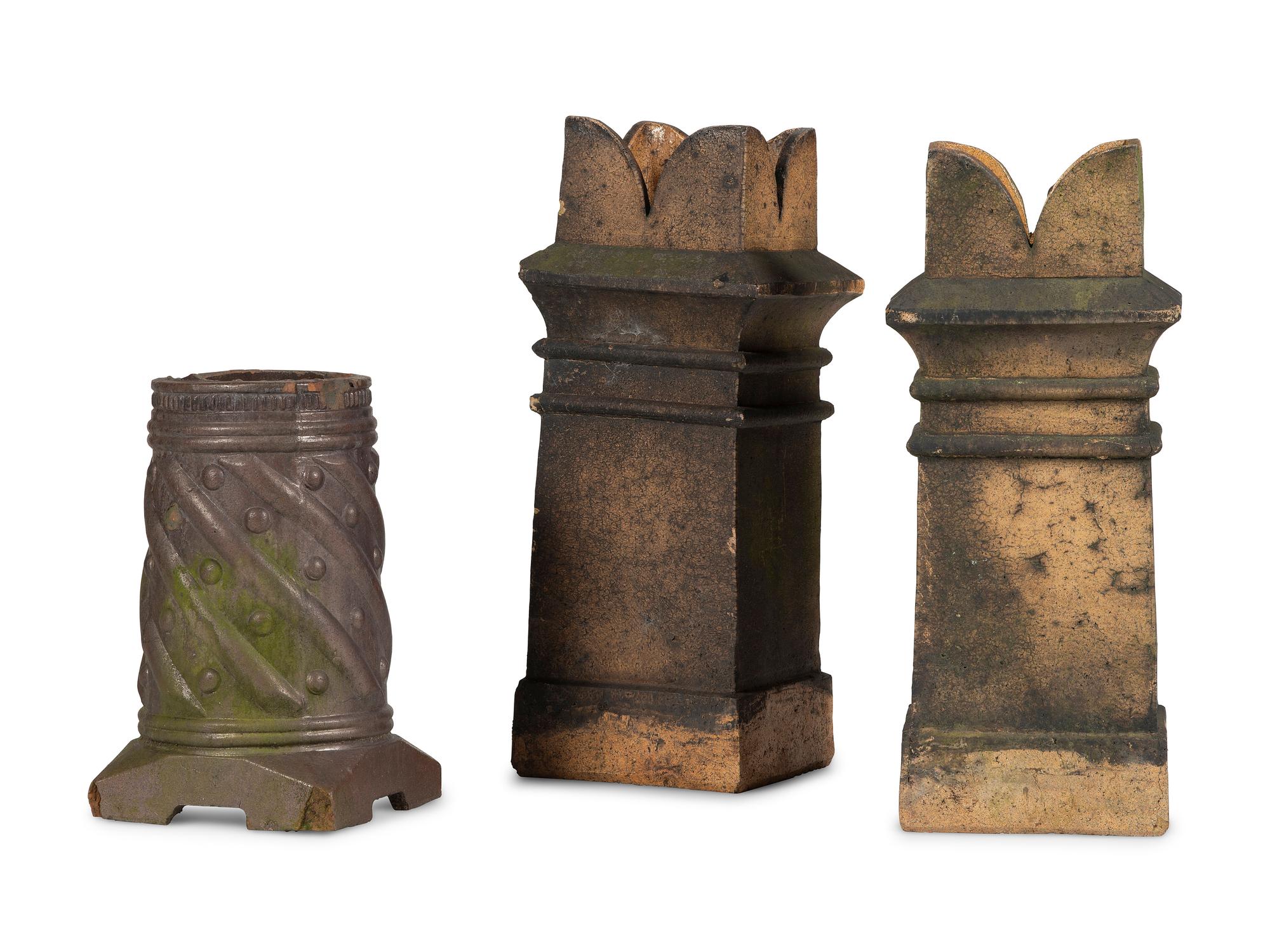 Three Glazed Sewer Tile Chimney Top Planters or Garden Ornaments