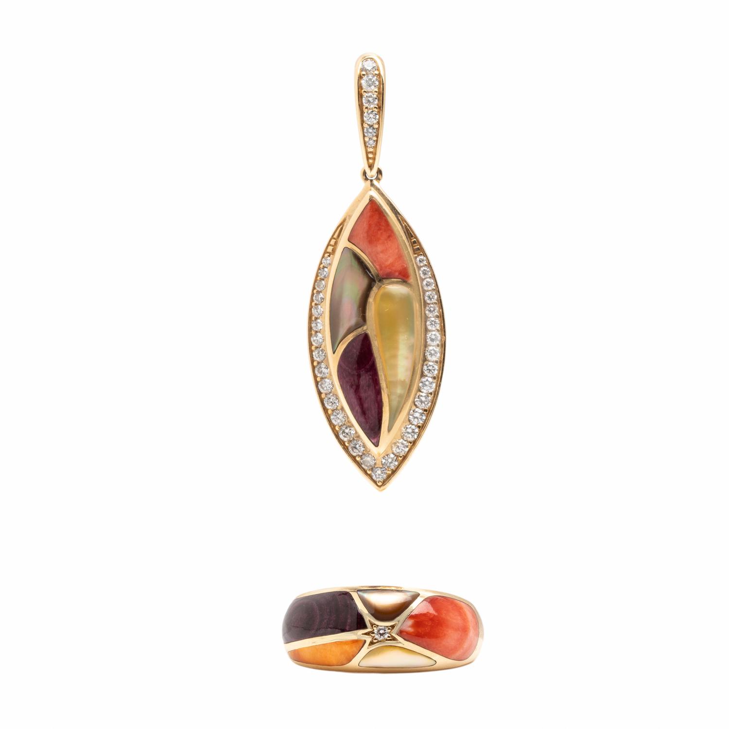 Kabana, Shell Inlay, Diamond and Yellow Gold Ring and Pendant