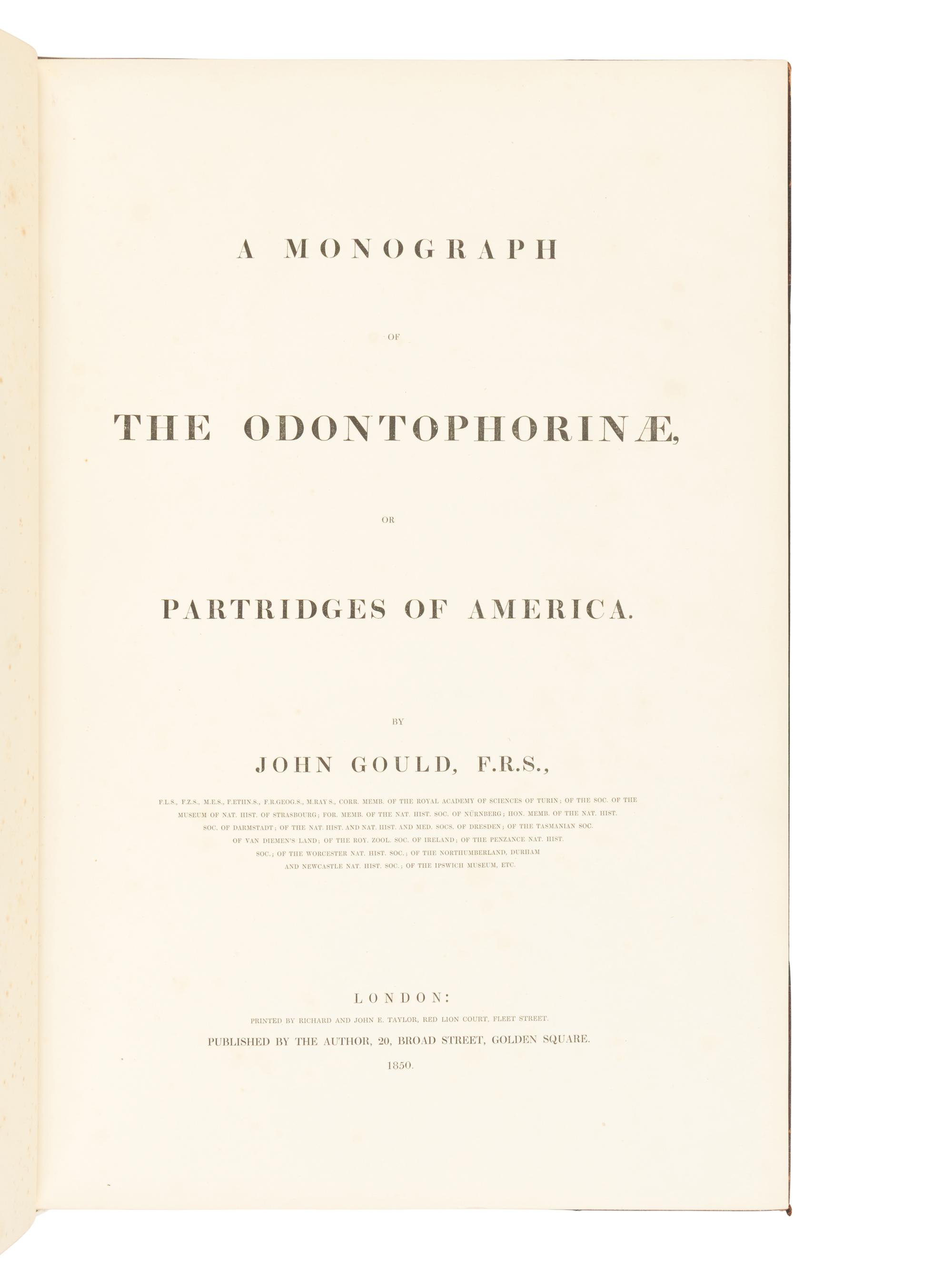 [NATURAL HISTORY]. GOULD, John (1804-1881). A Monogr a ph of the Odontophorin a e, or P a rtridges of A meric a . London: Richard and John E. Taylor for the Author, [1844]-1850.