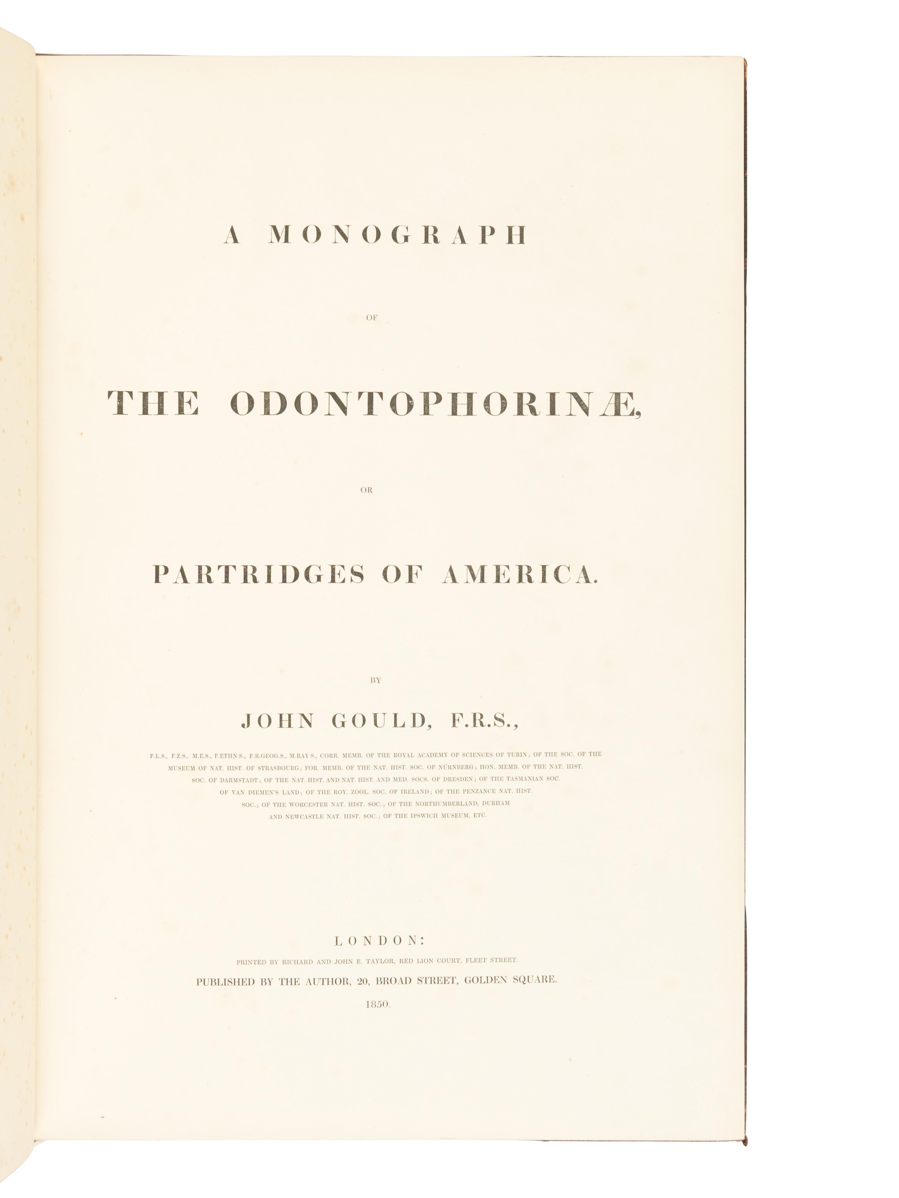 [NATURAL HISTORY]. GOULD, John (1804-1881). A Monogr a ph of the Odontophorin a e, or P a rtridges of A meric a . London: Richard and John E. Taylor for the Author, [1844]-1850.