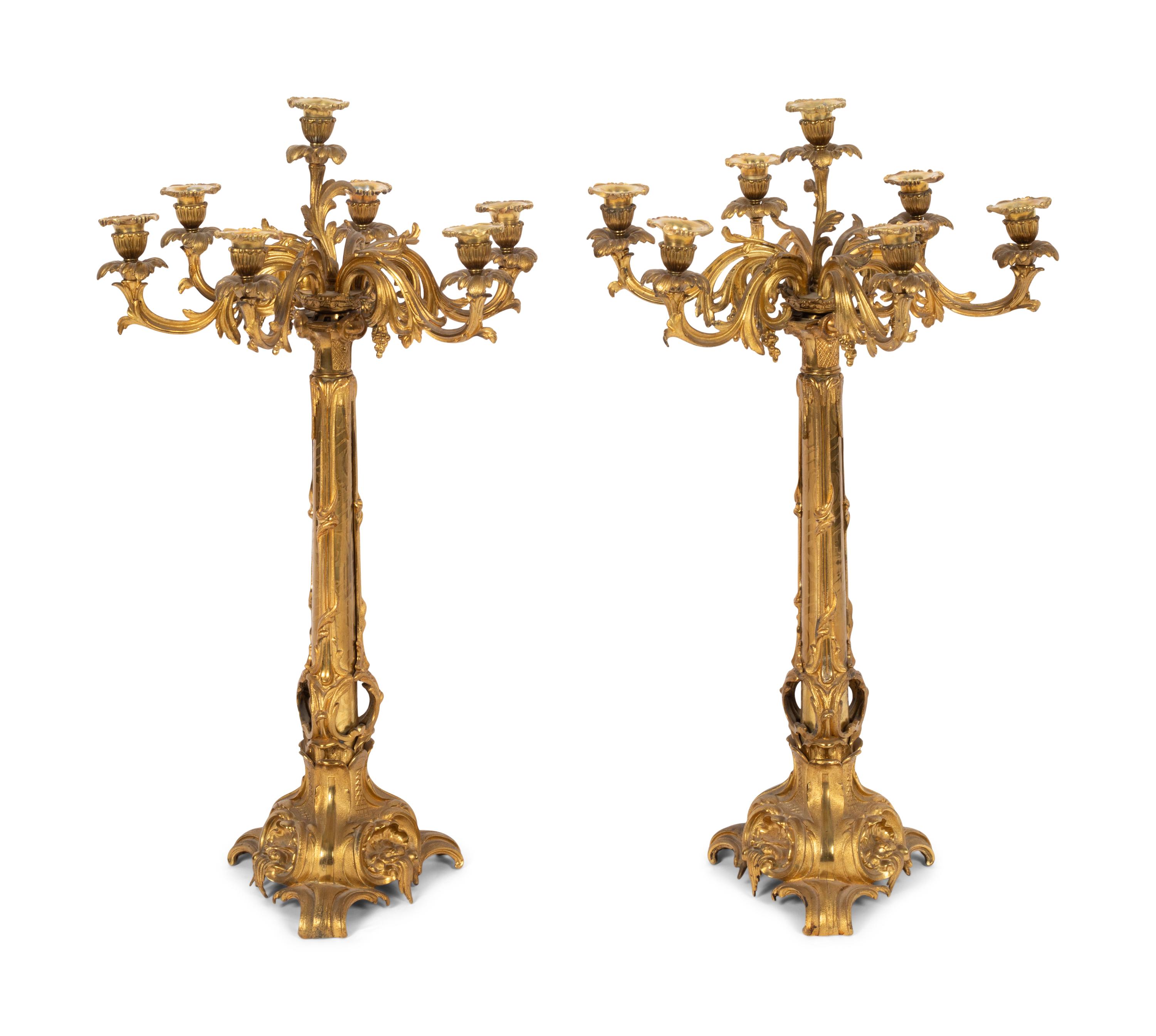 A Pair of Louis XV Style Gilt Bronze Seven-Light Candelabra