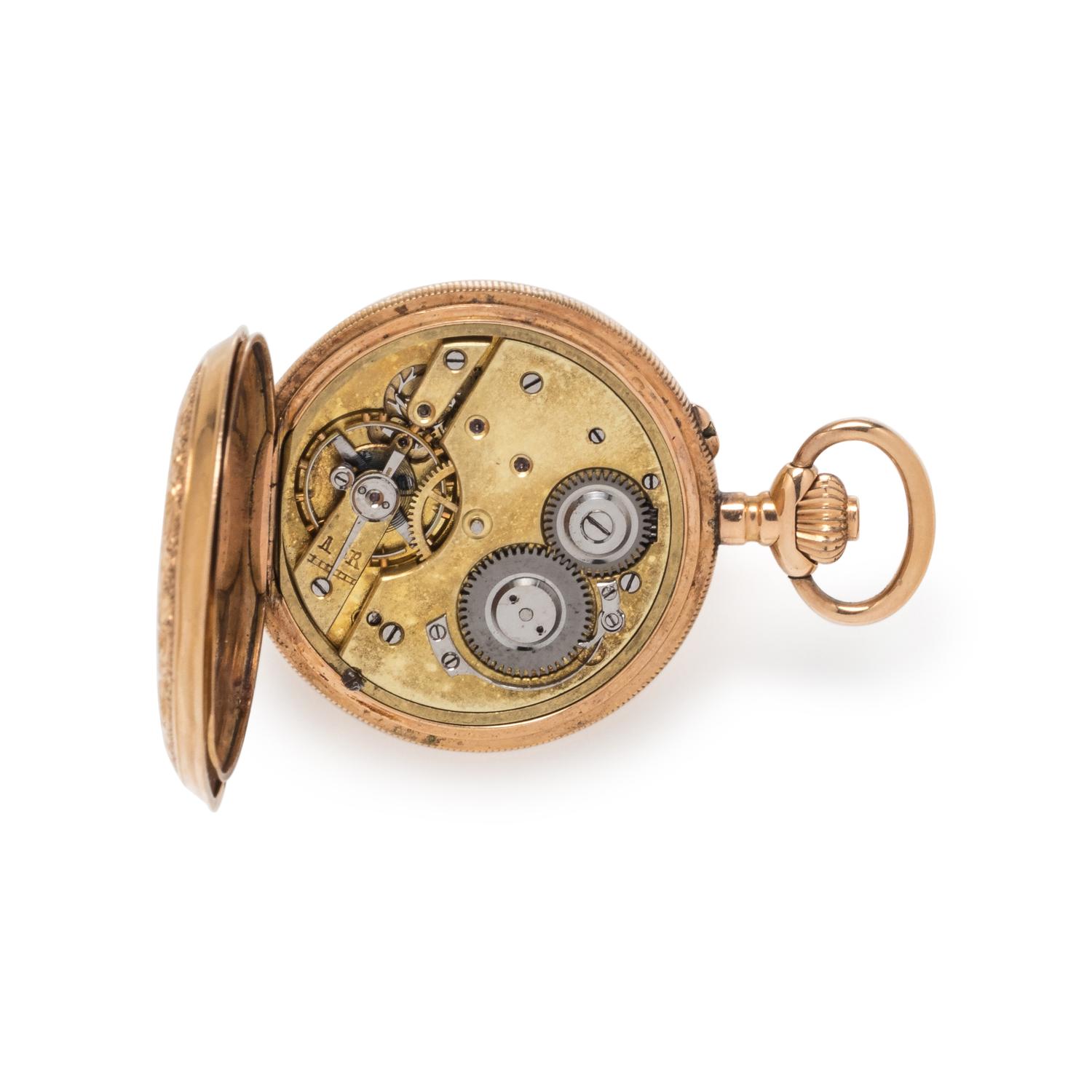 LA MAISONNETTE, 18K YELLOW GOLD AND ENAMEL HUNTER CASE POCKET WATCH