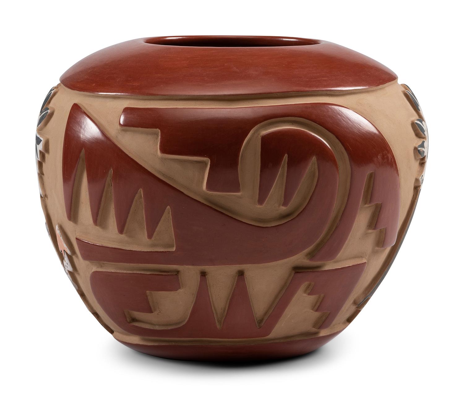 Carved and Painted Redware Jar