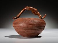 Corrugated Pottery Jar, with Wood Handle