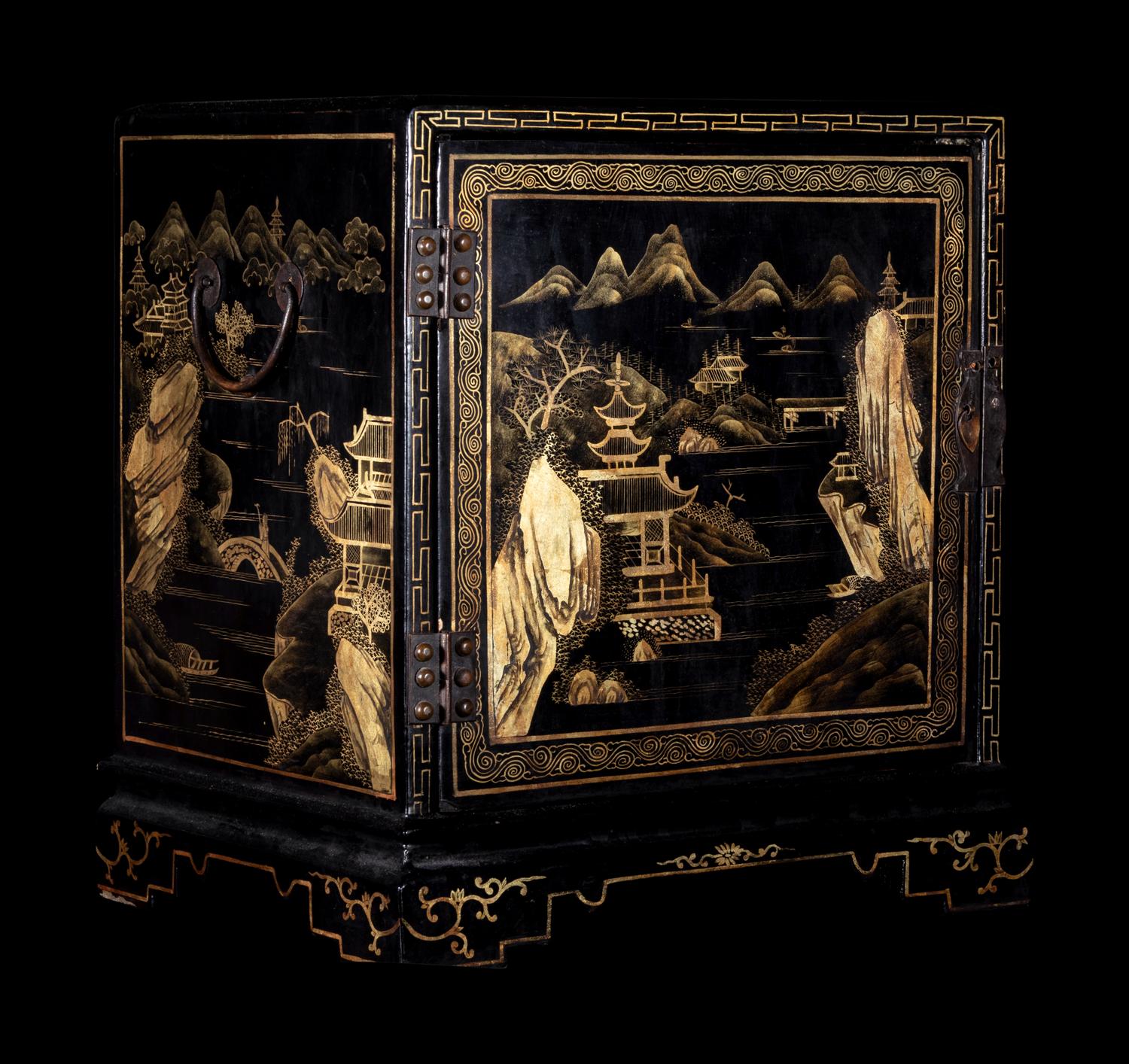 A Chinese Gilt Decorated Black Lacquered Kang Cabinet