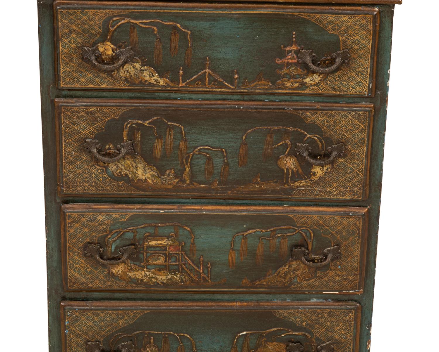 An English Dark Green Japanned Slant Front Desk