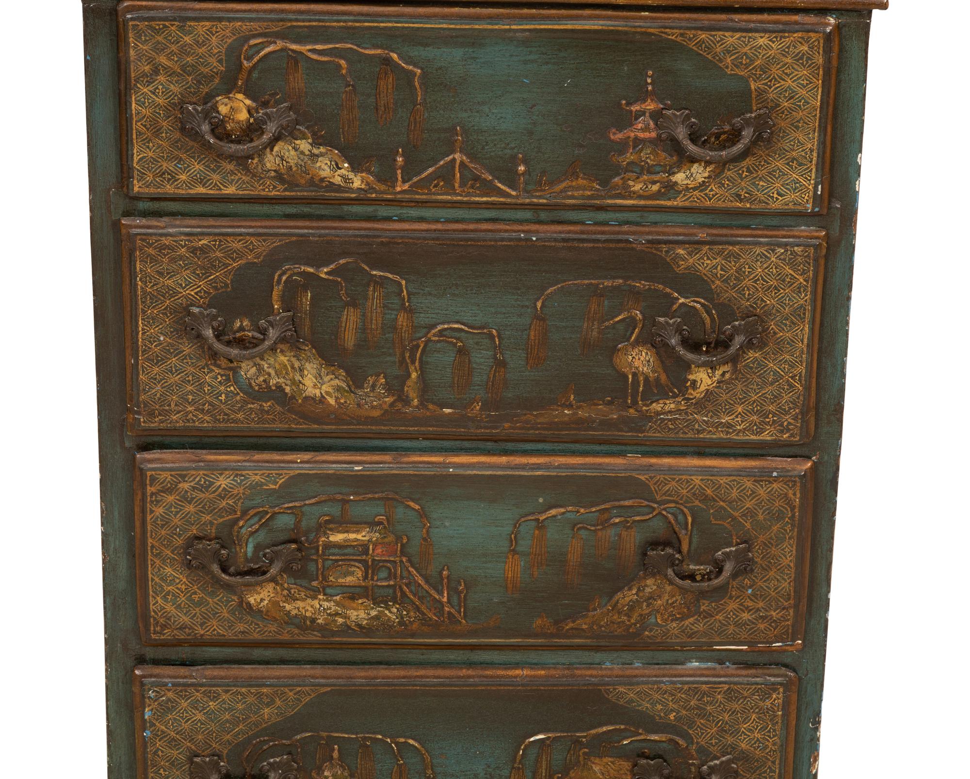 An English Dark Green Japanned Slant Front Desk