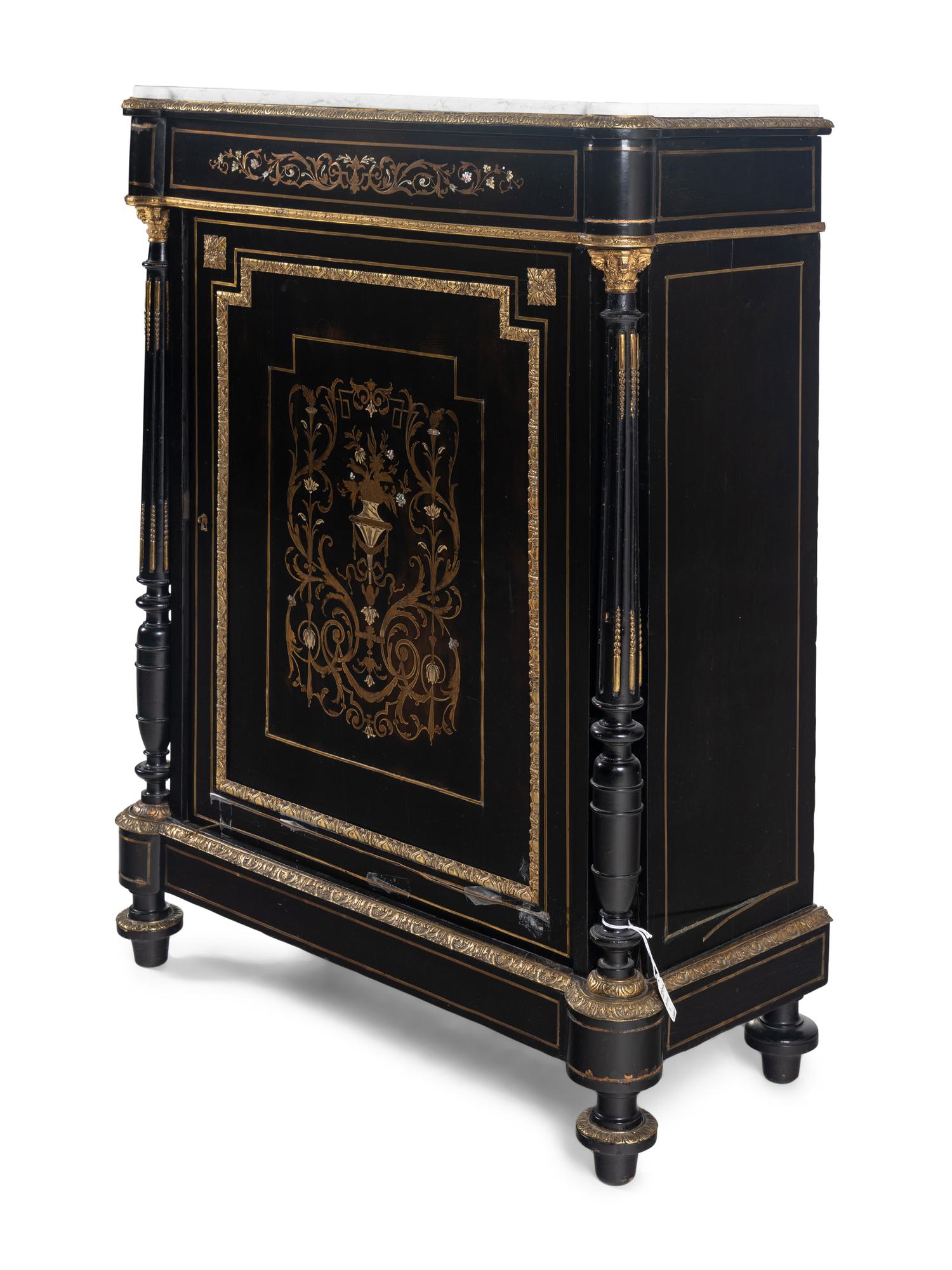 A Napoleon III Brass and Pewter Inlaid Ebonized Marble-Top Cabinet