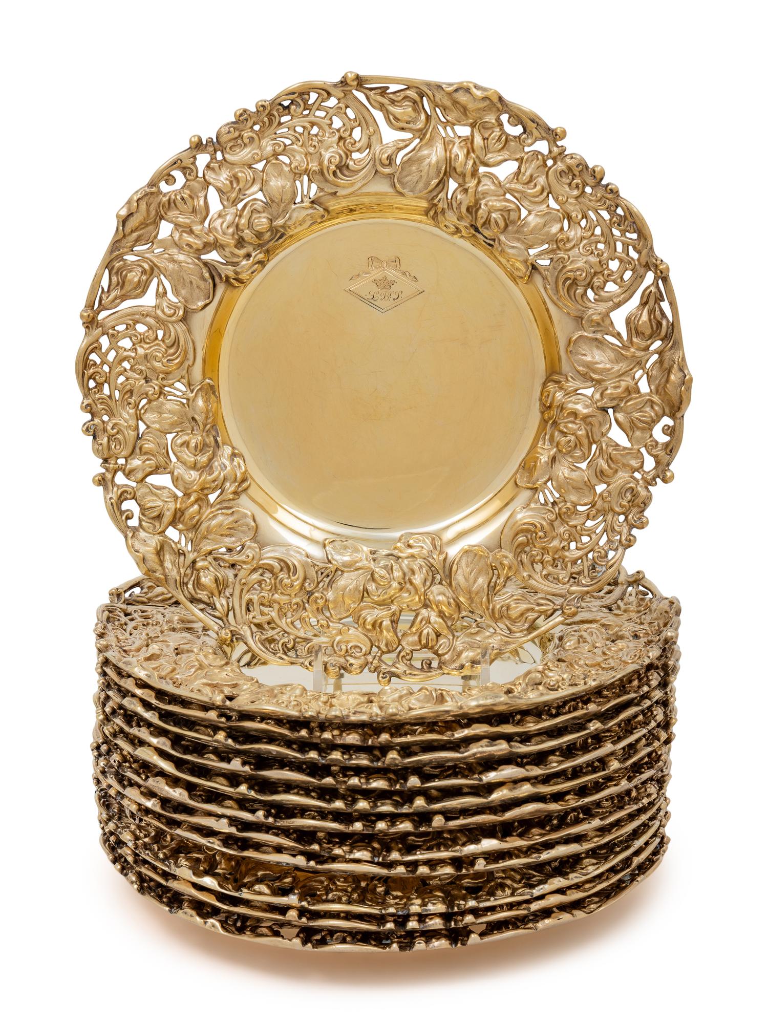 A Set of Eleven American Silver-Gilt Reticulated Plates