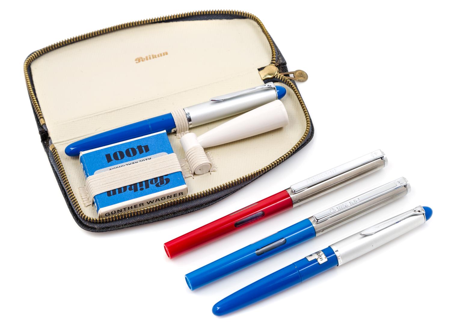 A Group of Four Pelikan Pelikano Fountain Pens Length of longer 5 1/4 inches.
