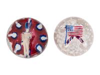 Two Union Glass Co. Flag and Flowers Commemorative Glass Paperweight, an American Flag U.S.A. Glass Paperweight and a Red, White and Blue Soldier Glass Paperweight