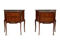 A Pair of Louis XV/XVI Transitional Style Gilt Metal Mounted Marquetry Marble-Top Side Tables