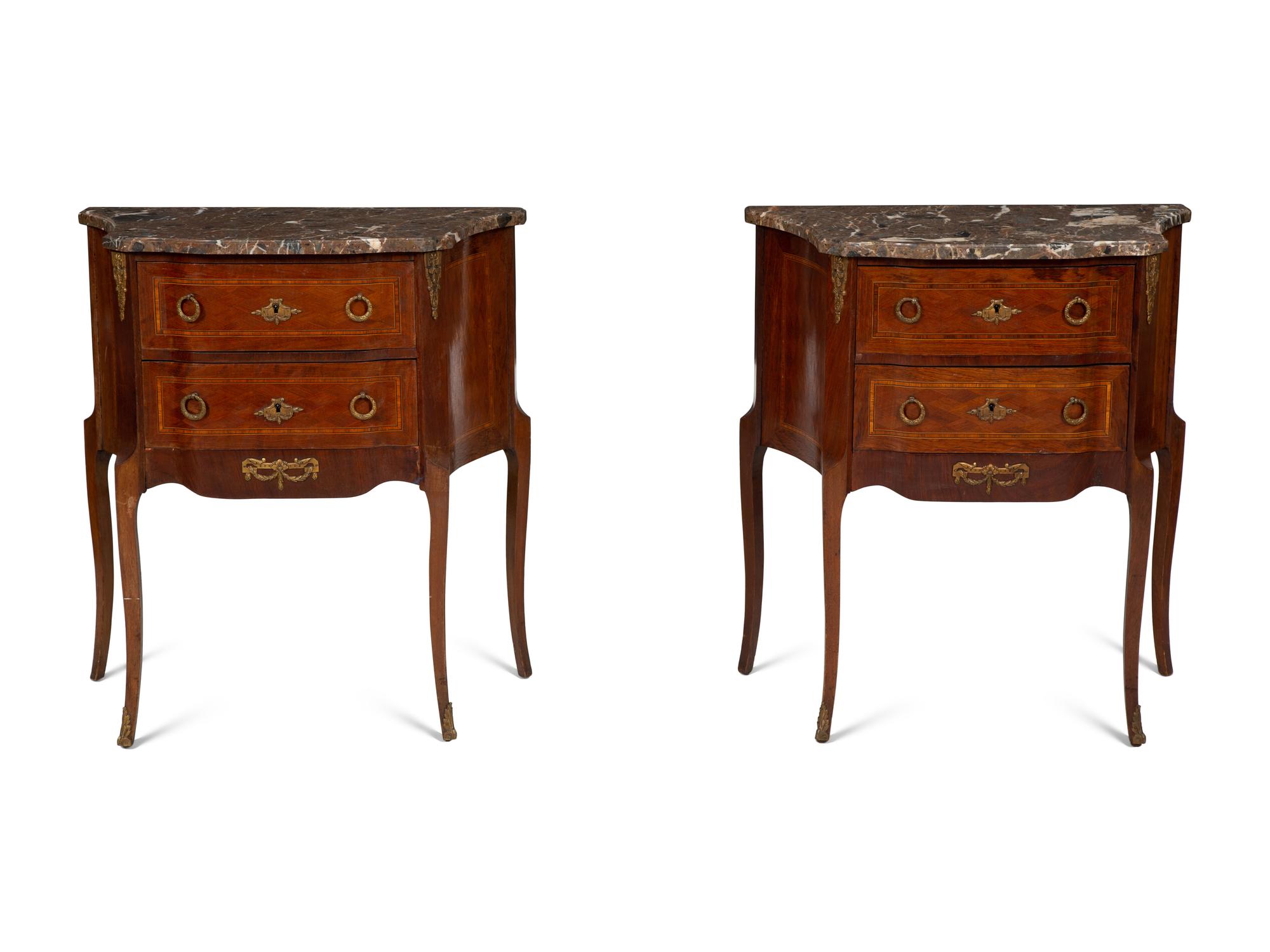 A Pair of Louis XV/XVI Transitional Style Gilt Metal Mounted Marquetry Marble-Top Side Tables