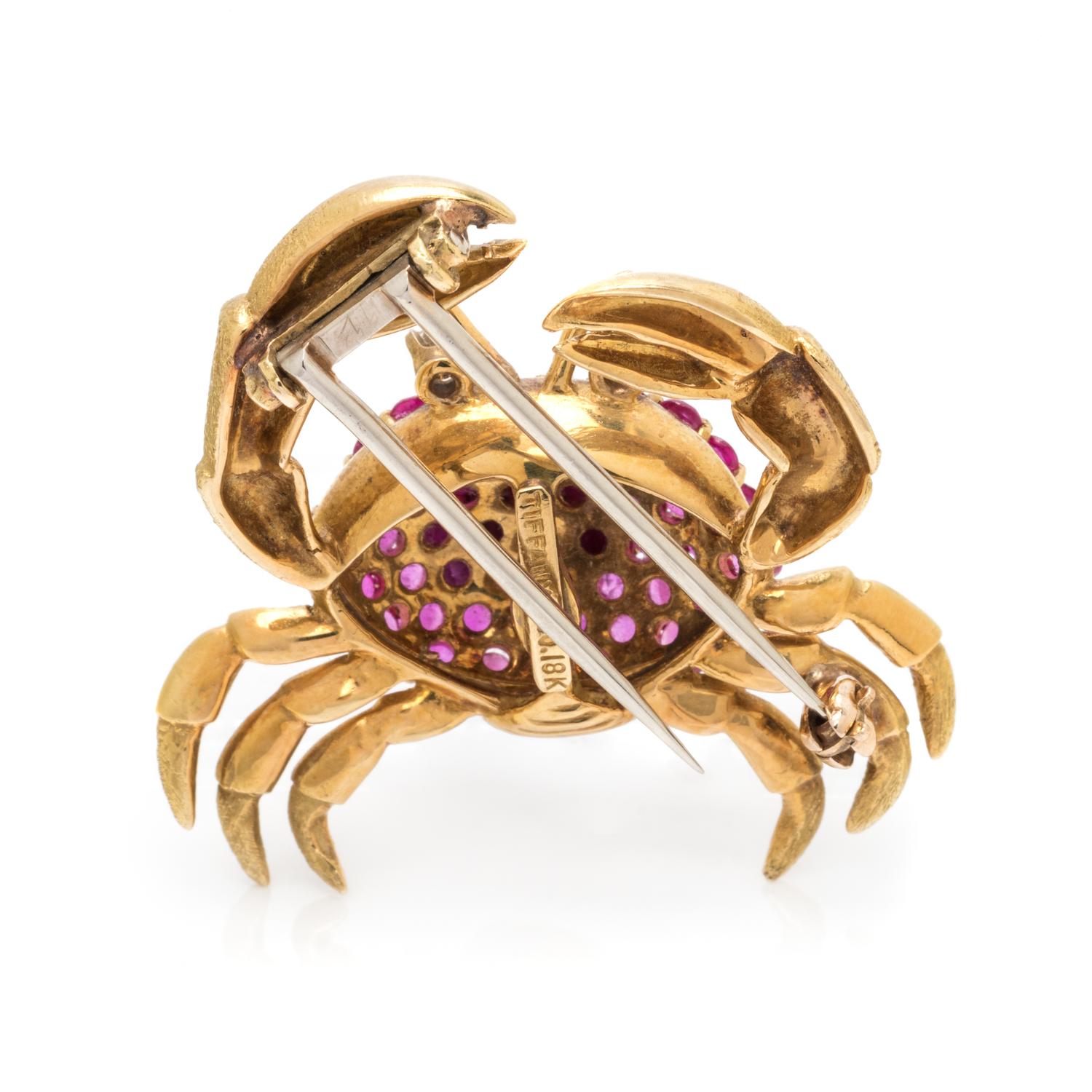 TIFFANY & CO., YELLOW GOLD, RUBY AND DIAMOND CRAB BROOCH