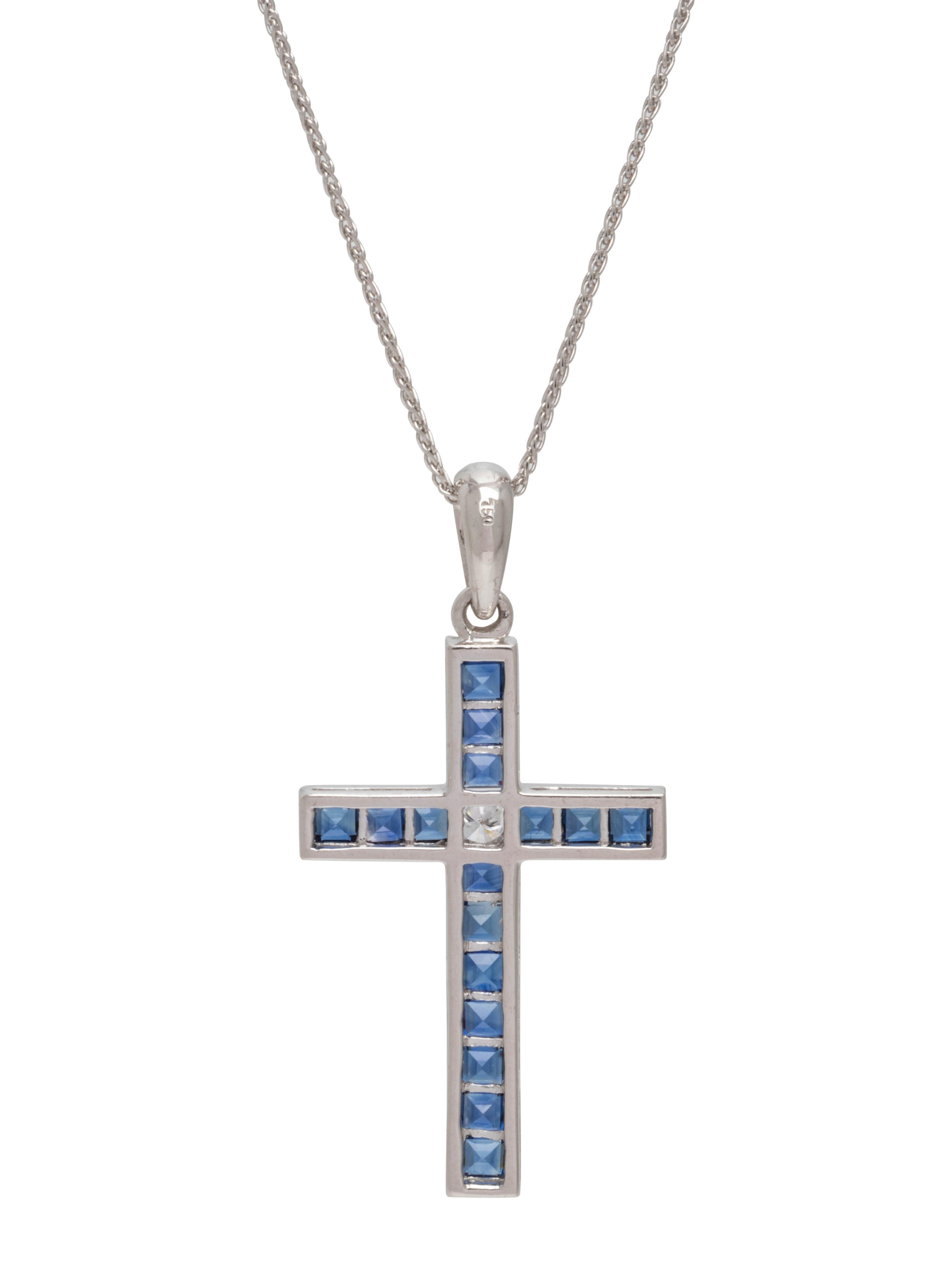 SAPPHIRE AND DIAMOND CROSS PENDANT/NECKLACE