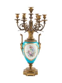 A Sèvres Style Gilt Bronze Mounted Painted and Parcel Gilt Celeste-Blue Ground Porcelain Seven-Light Candelabrum