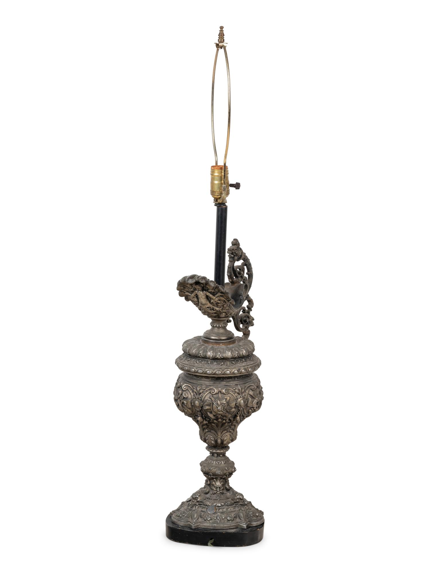 A Continental Cast Metal Ewer Mounted as a Lamp