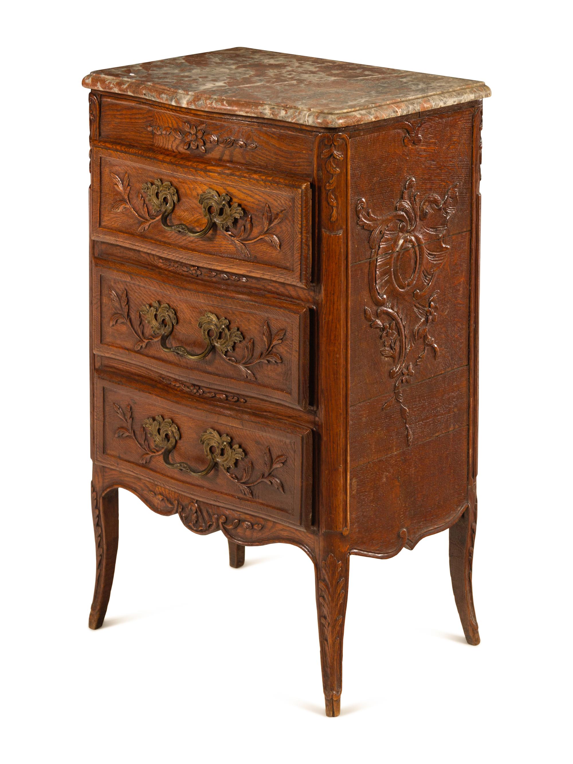 A Louis XV Style Chestnut Marble-Top Chest of Drawers