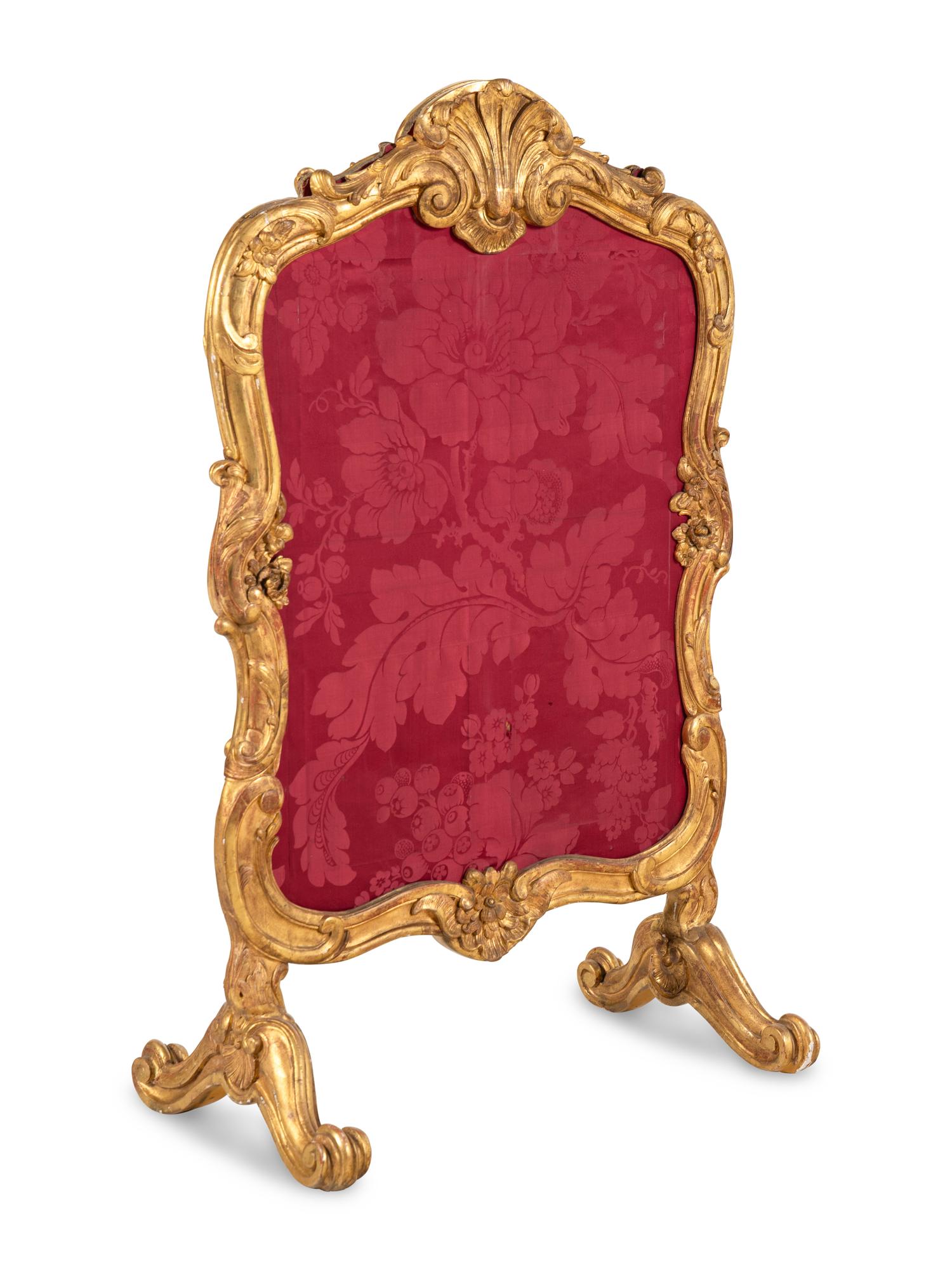 A Louis XV Style Damask and Needlepoint-Upholstered Giltwood Firescreen