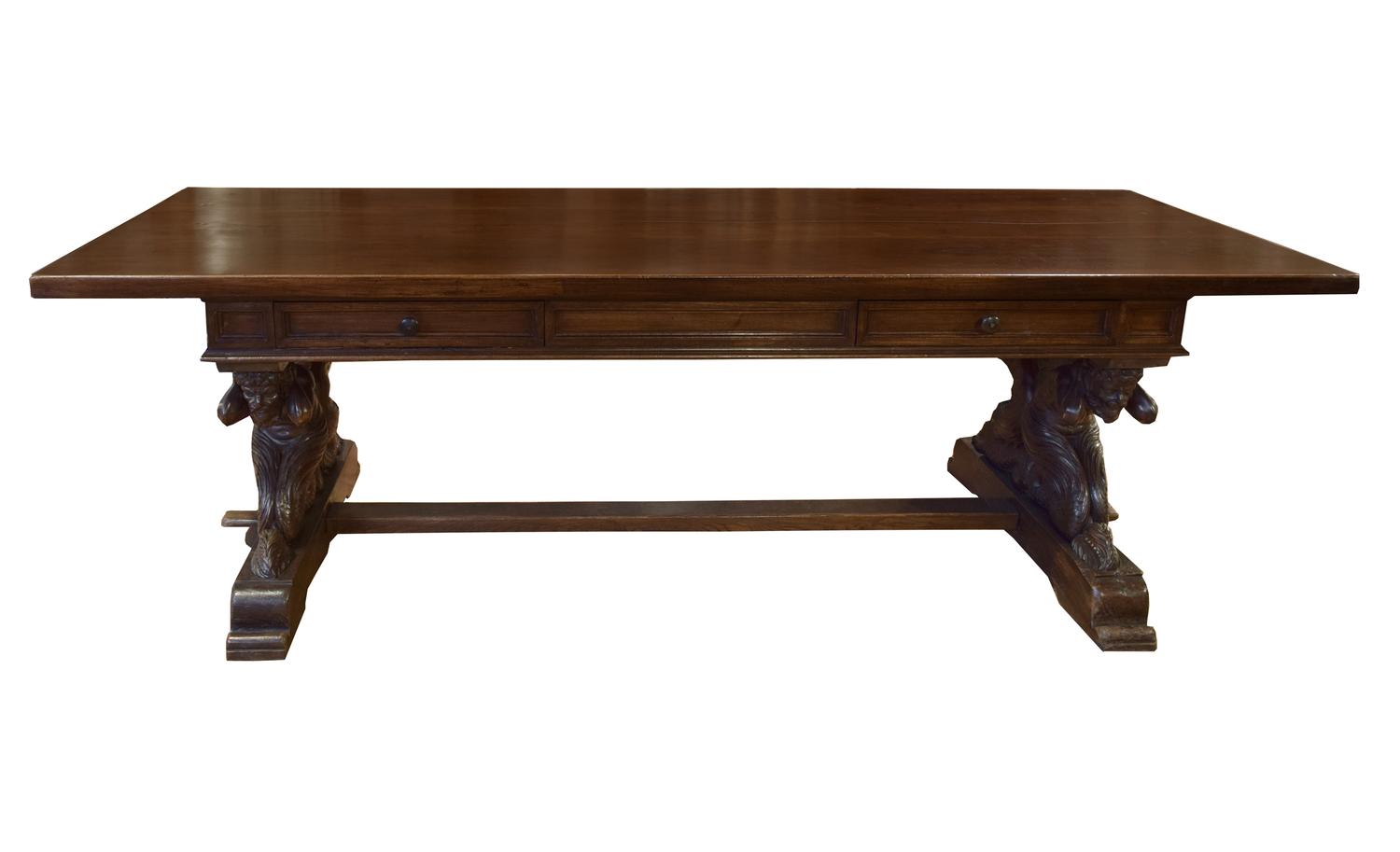 A Carved Refectory Table with Figural Supports 95" W x 35.5" D x 31" H — Italy, 19th Century
