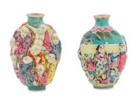 Two Chinese Molded Famille Rose Porcelain Snuff Bottles
