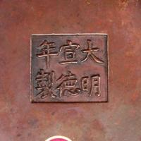 A Chinese patinated bronze circular censer 铜香炉