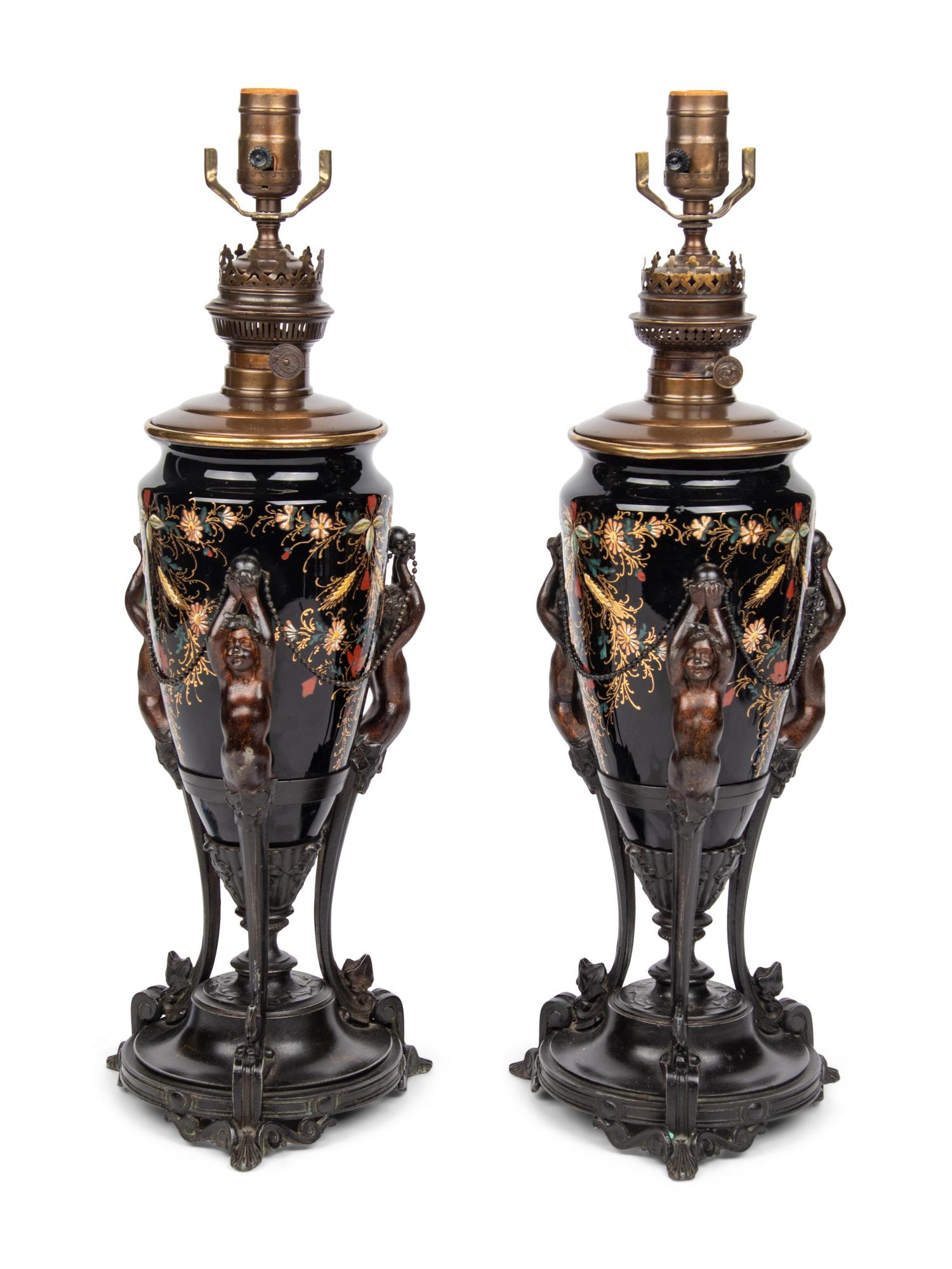 A Pair of Victorian Painted Glass and Cast Metal Amphorae Mounted as Lamps