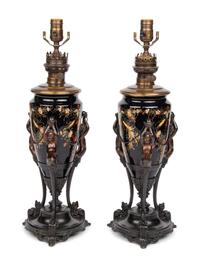 A Pair of Victorian Painted Glass and Cast Metal Amphorae Mounted as Lamps