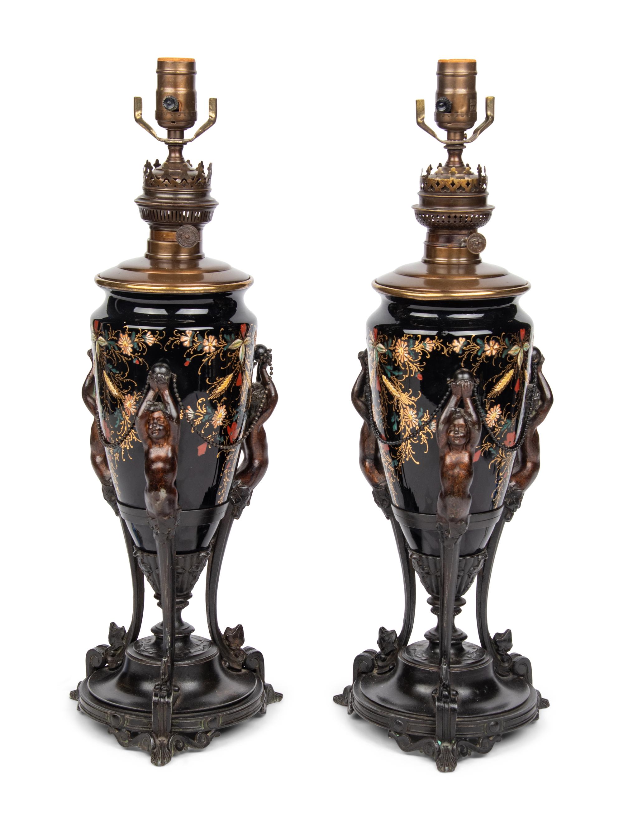 A Pair of Victorian Painted Glass and Cast Metal Amphorae Mounted as Lamps