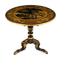 A Regency Style Lacquered and Gilt Decorated Tilt Top Tea Table
