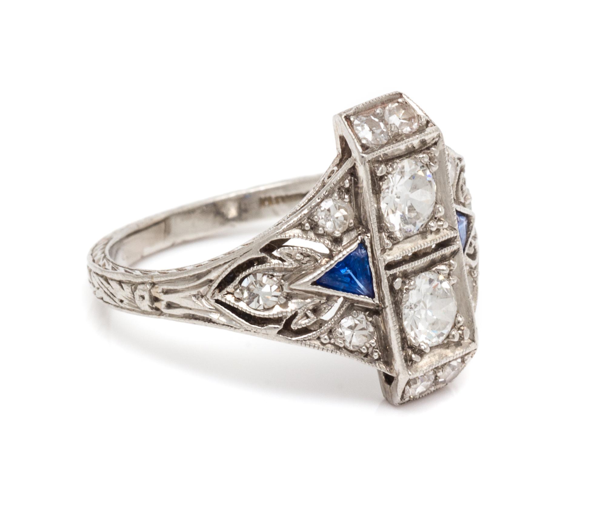 An Art Deco Platinum, Diamond and Sapphire Ring, 1.90 dwts.