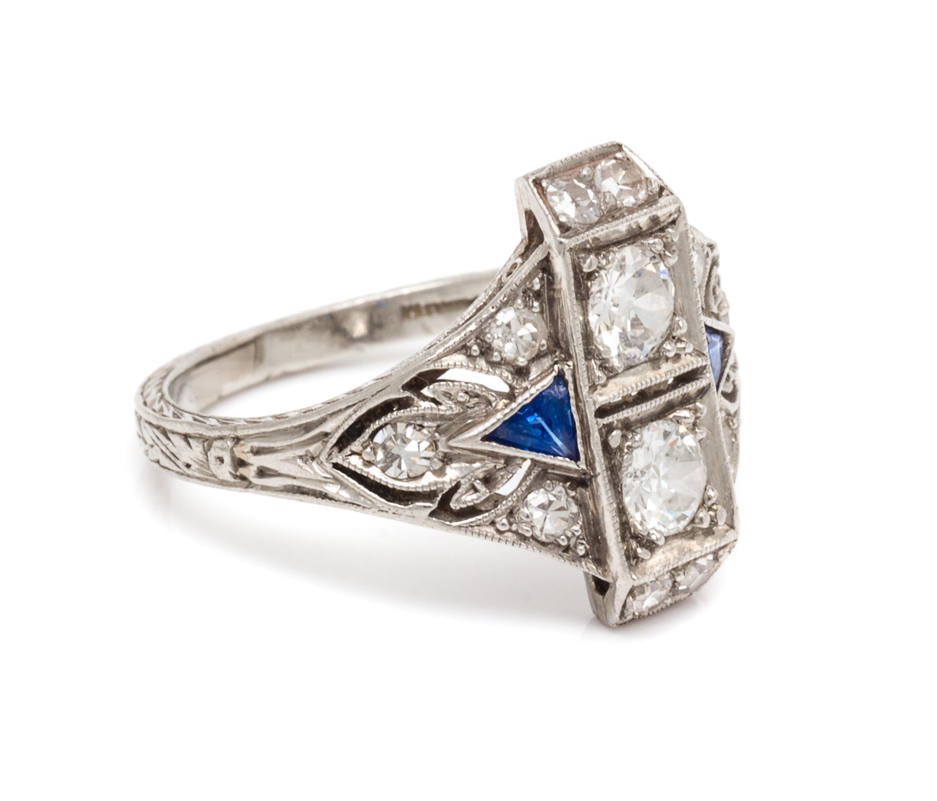 An Art Deco Platinum, Diamond and Sapphire Ring, 1.90 dwts.