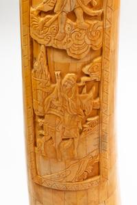 A Pair of Chinese Export Carved Bone Tusks with Wood Bases