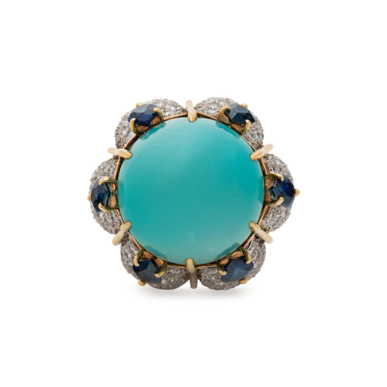 TURQUOISE, DIAMOND AND SAPPHIRE RING