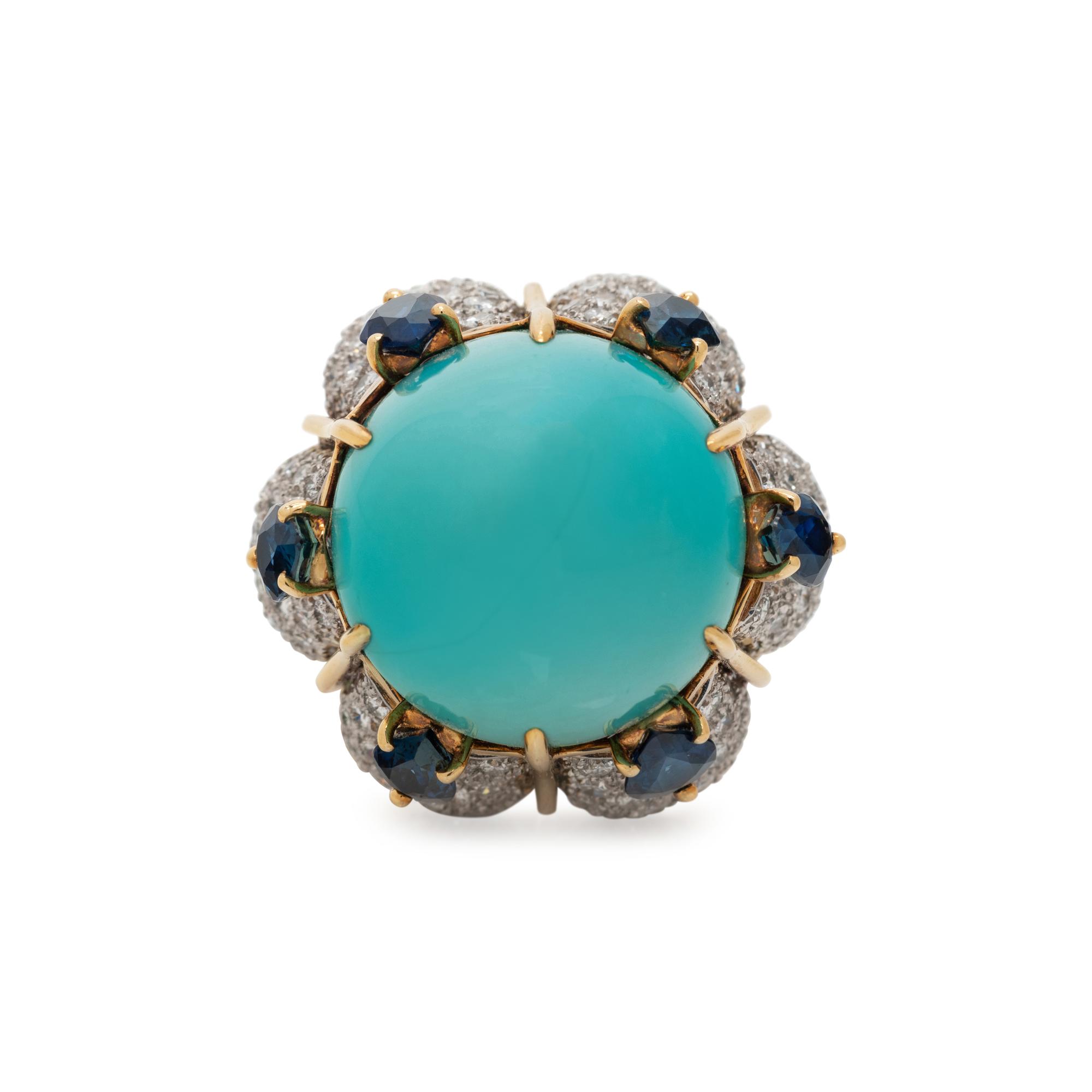 TURQUOISE, DIAMOND AND SAPPHIRE RING