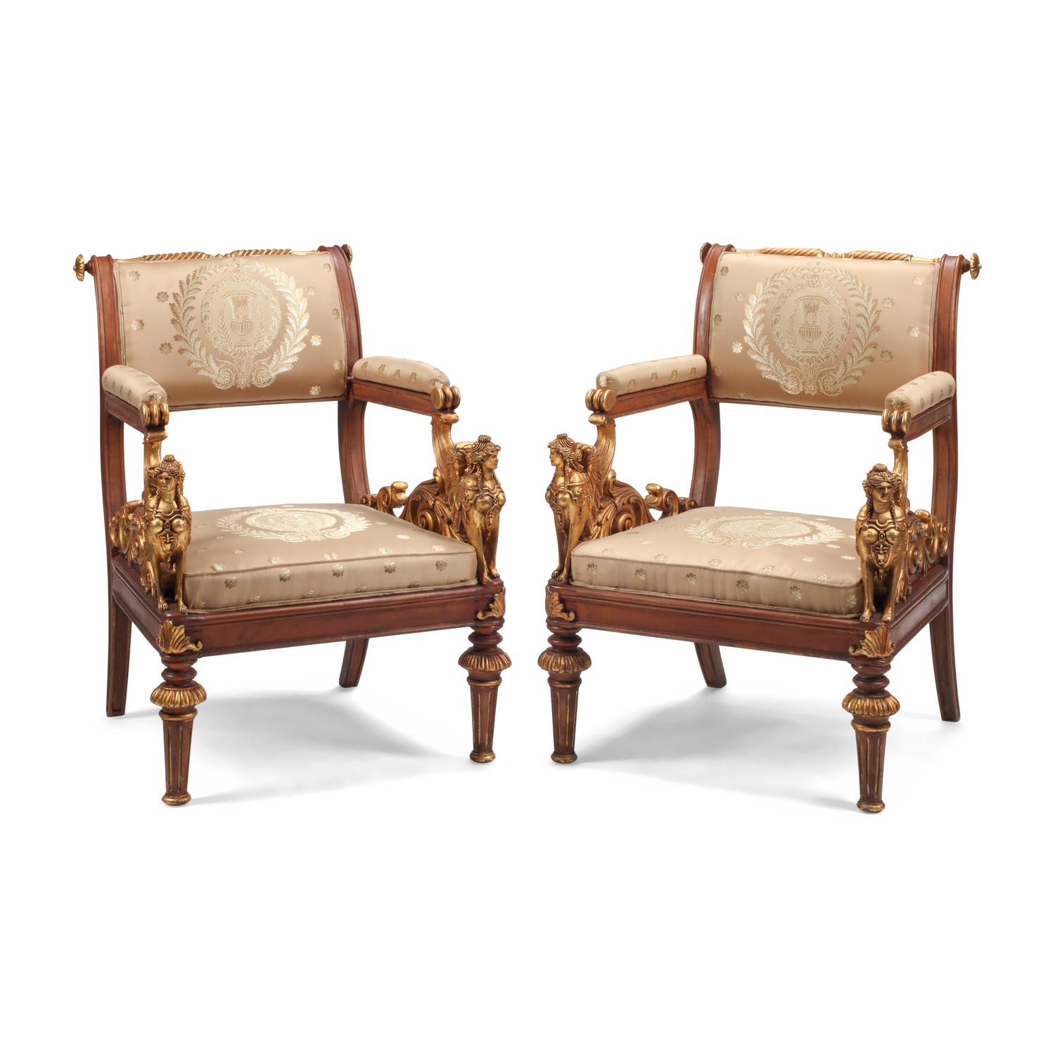 A Pair of Italian Neoclassical Style Parcel-Gilt Armchairs