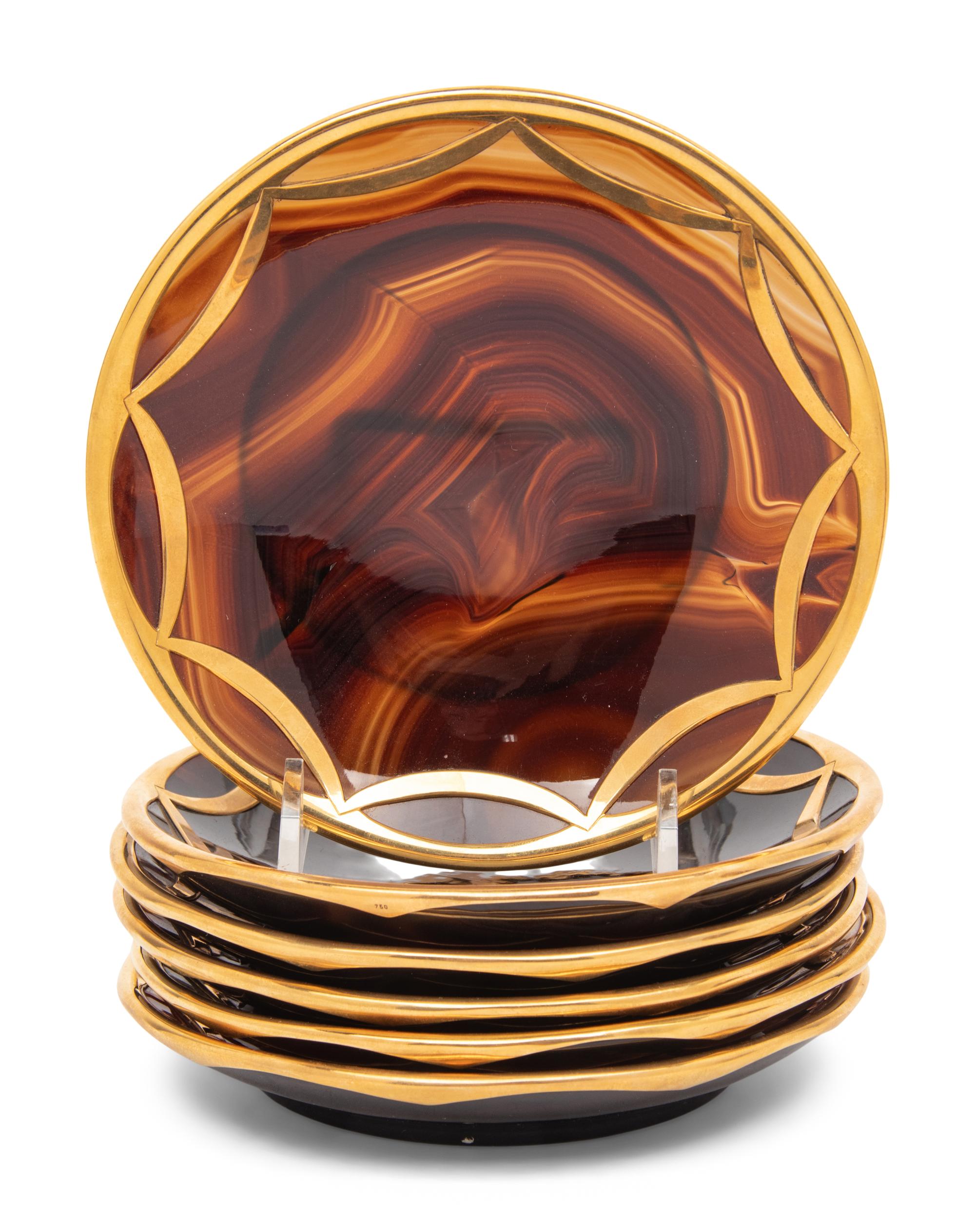 A Set of Six 18-Karat Gold Mounted Agate Cups and Saucers