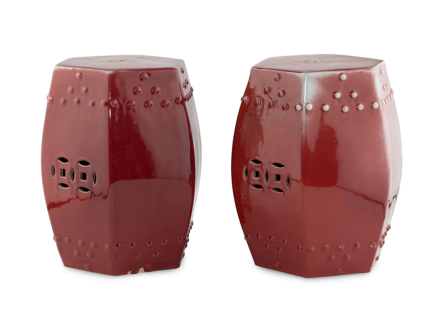 A Pair of Chinese Red Glazed Porcelain Garden Stools