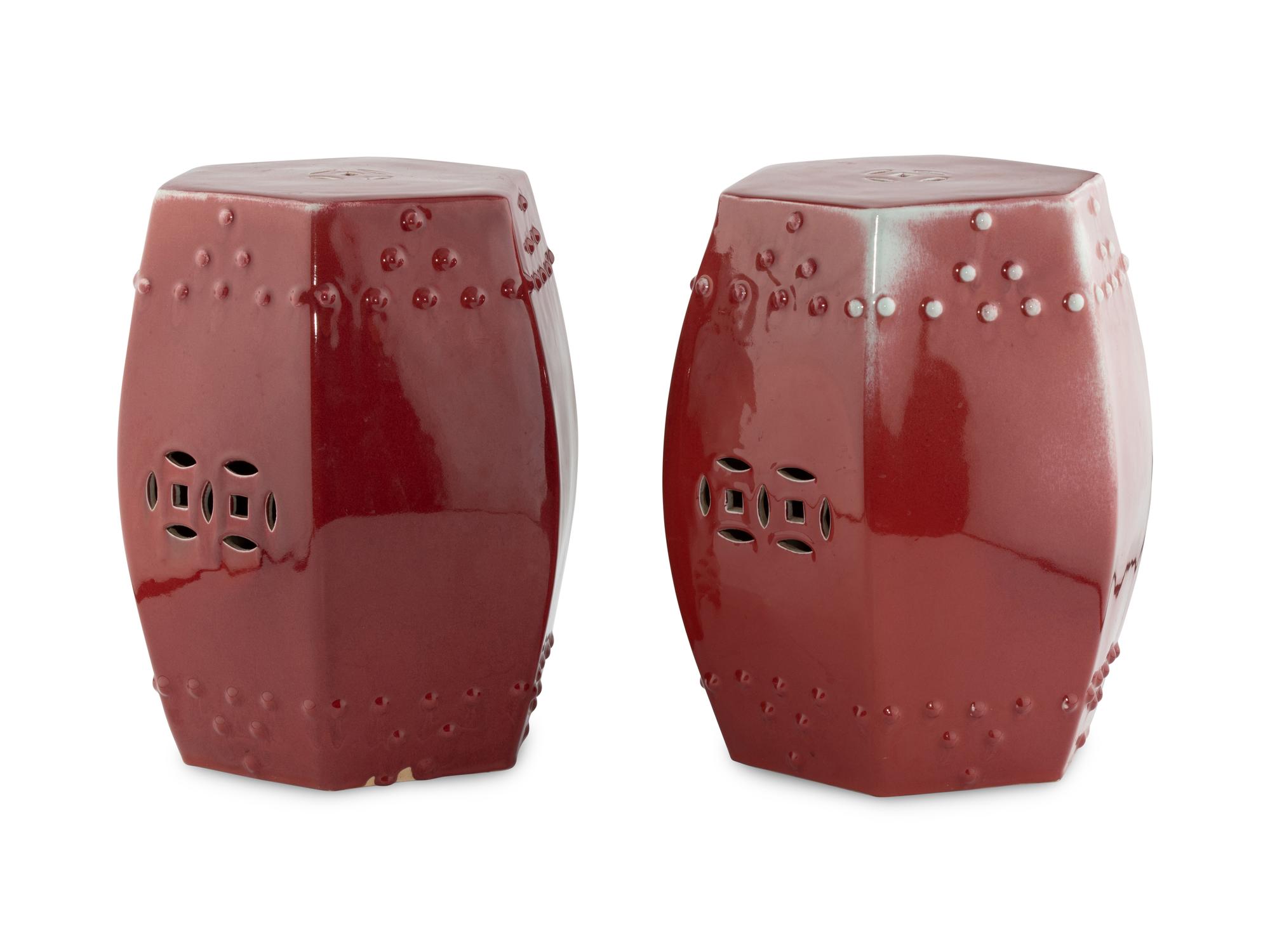 A Pair of Chinese Red Glazed Porcelain Garden Stools