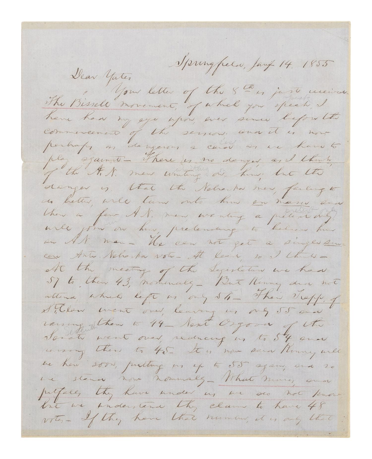 LINCOLN, Abraham (1809-1865). Autograph letter, signed ("A. Lincoln") to Richard Yates, Springfield, Illinois, 14 January 1855.