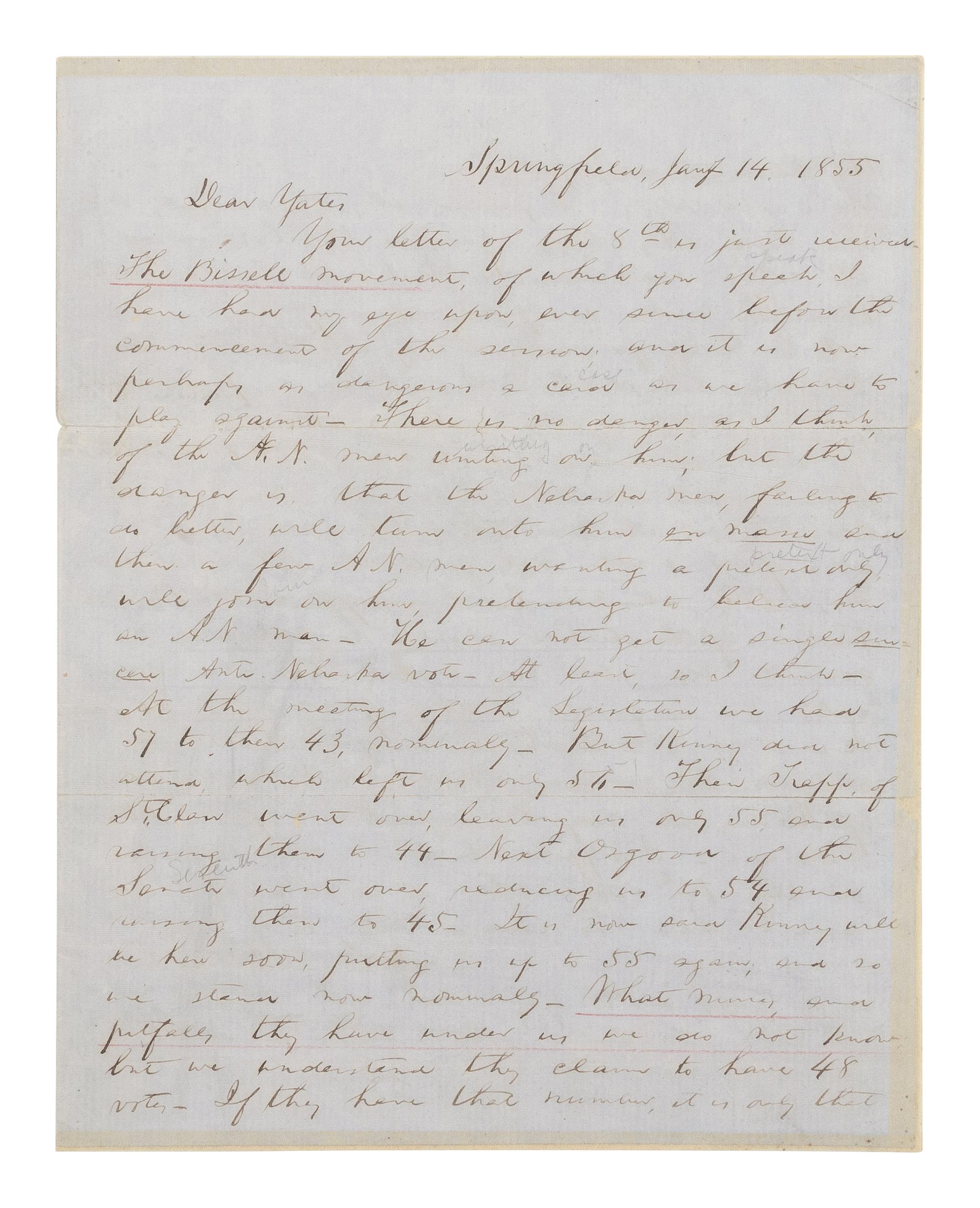 LINCOLN, Abraham (1809-1865). Autograph letter, signed ("A. Lincoln") to Richard Yates, Springfield, Illinois, 14 January 1855.