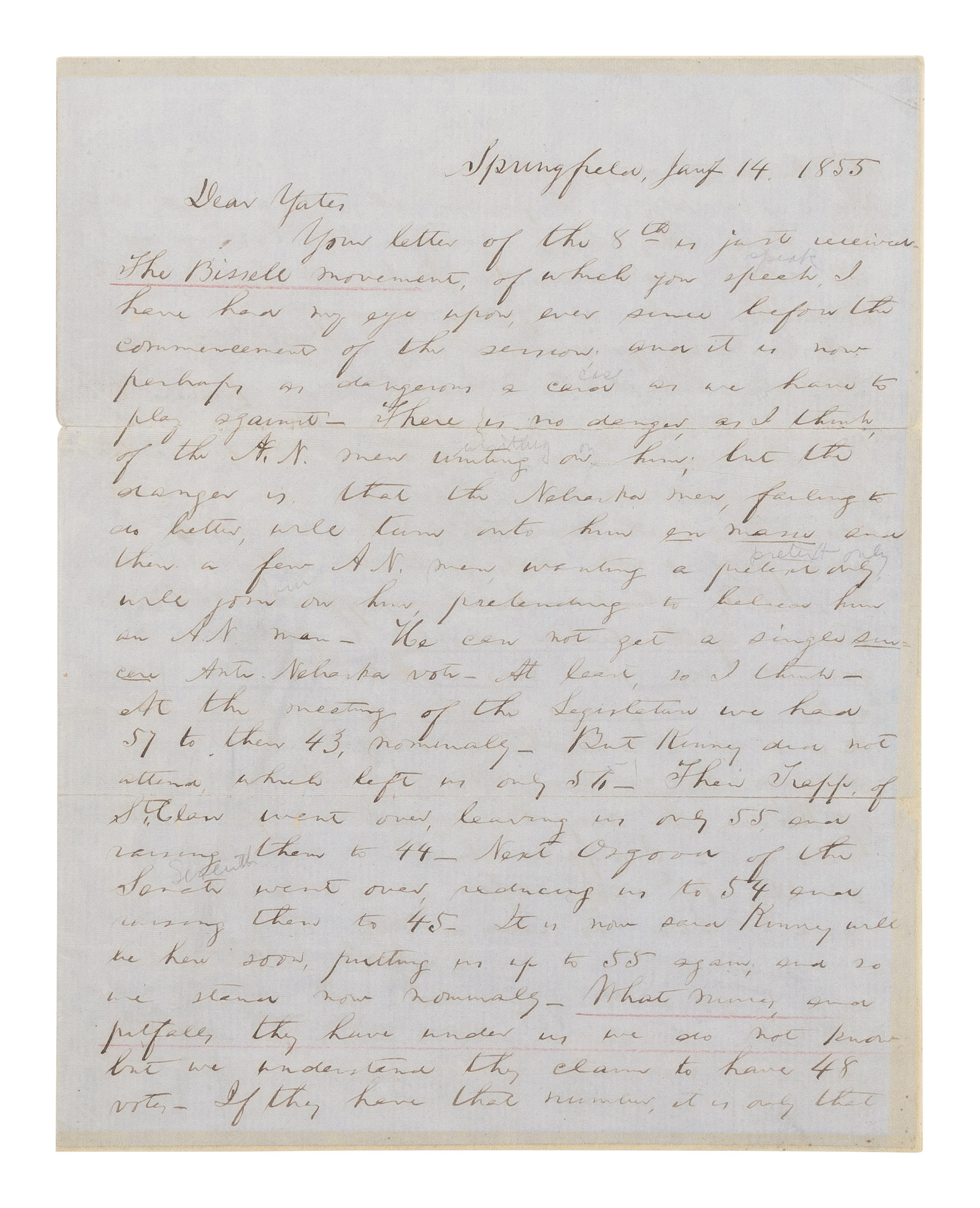 LINCOLN, Abraham (1809-1865). Autograph letter, signed ("A. Lincoln") to Richard Yates, Springfield, Illinois, 14 January 1855.