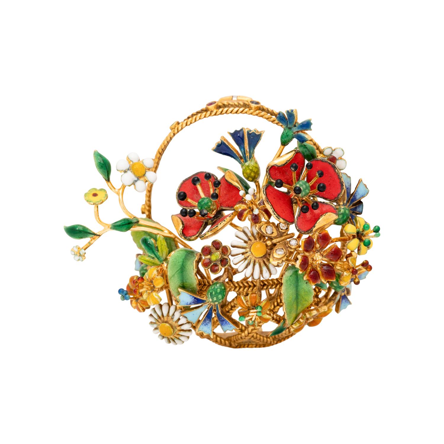 ENAMEL AND MULTIGEM FLOWER BASKET BROOCH