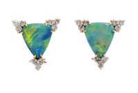 A Pair of 18 Karat Yellow Gold, Boulder Opal and Diamond Earclips, 5.70 dwts.