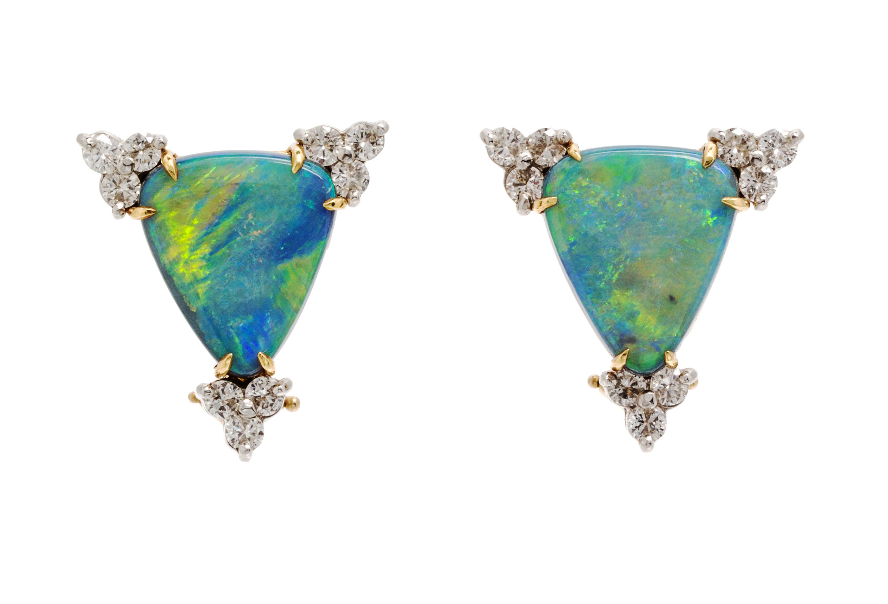 A Pair of 18 Karat Yellow Gold, Boulder Opal and Diamond Earclips, 5.70 dwts.